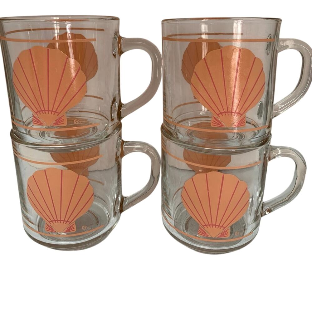 Vintage Clear Glass Mugs Peach Seashell Double Sided Luminarc Set of 4